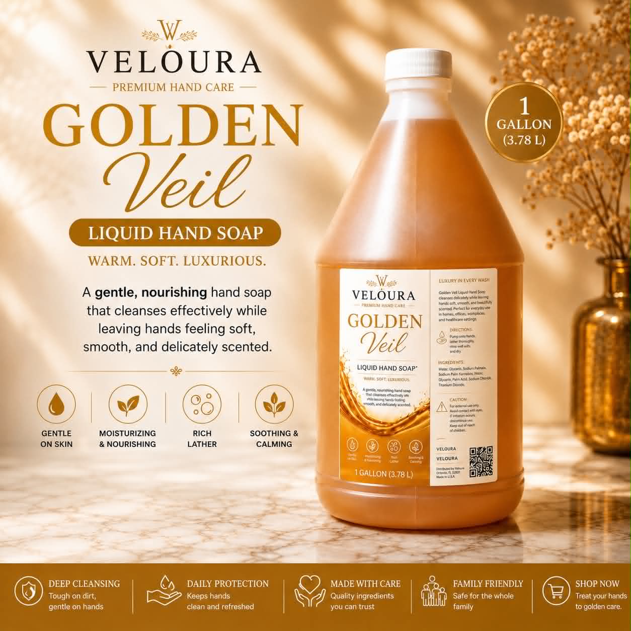 Veloura Golden Veil liquid hand soap — warm, soft and luxurious, 1 gallon