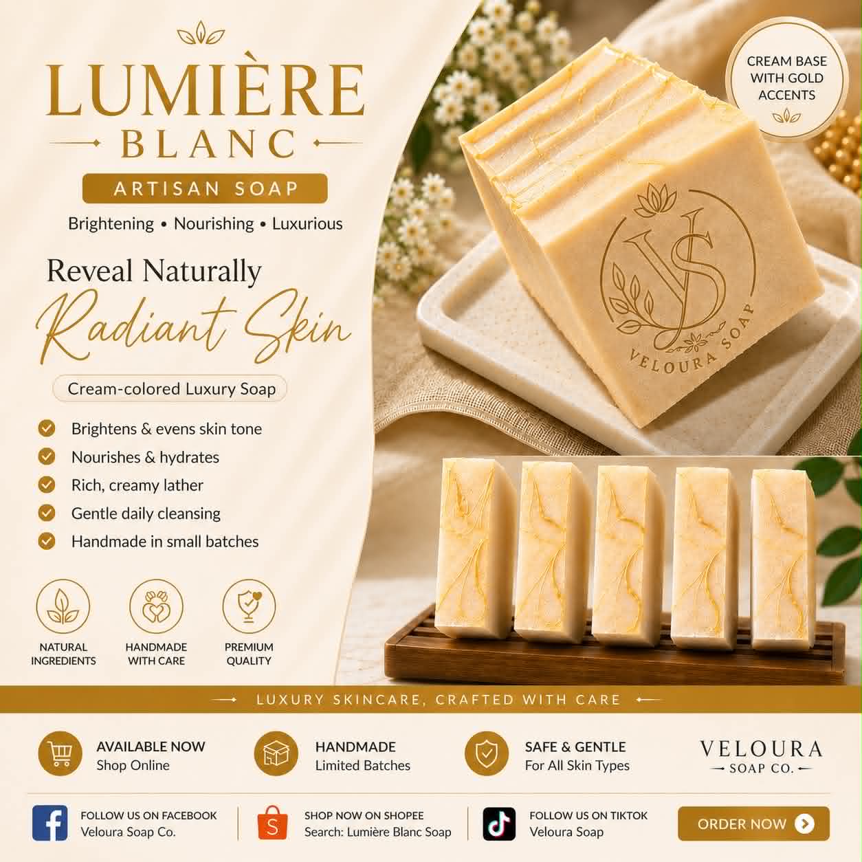 Veloura Lumière Blanc artisan soap — cream base with gold accents, brightening