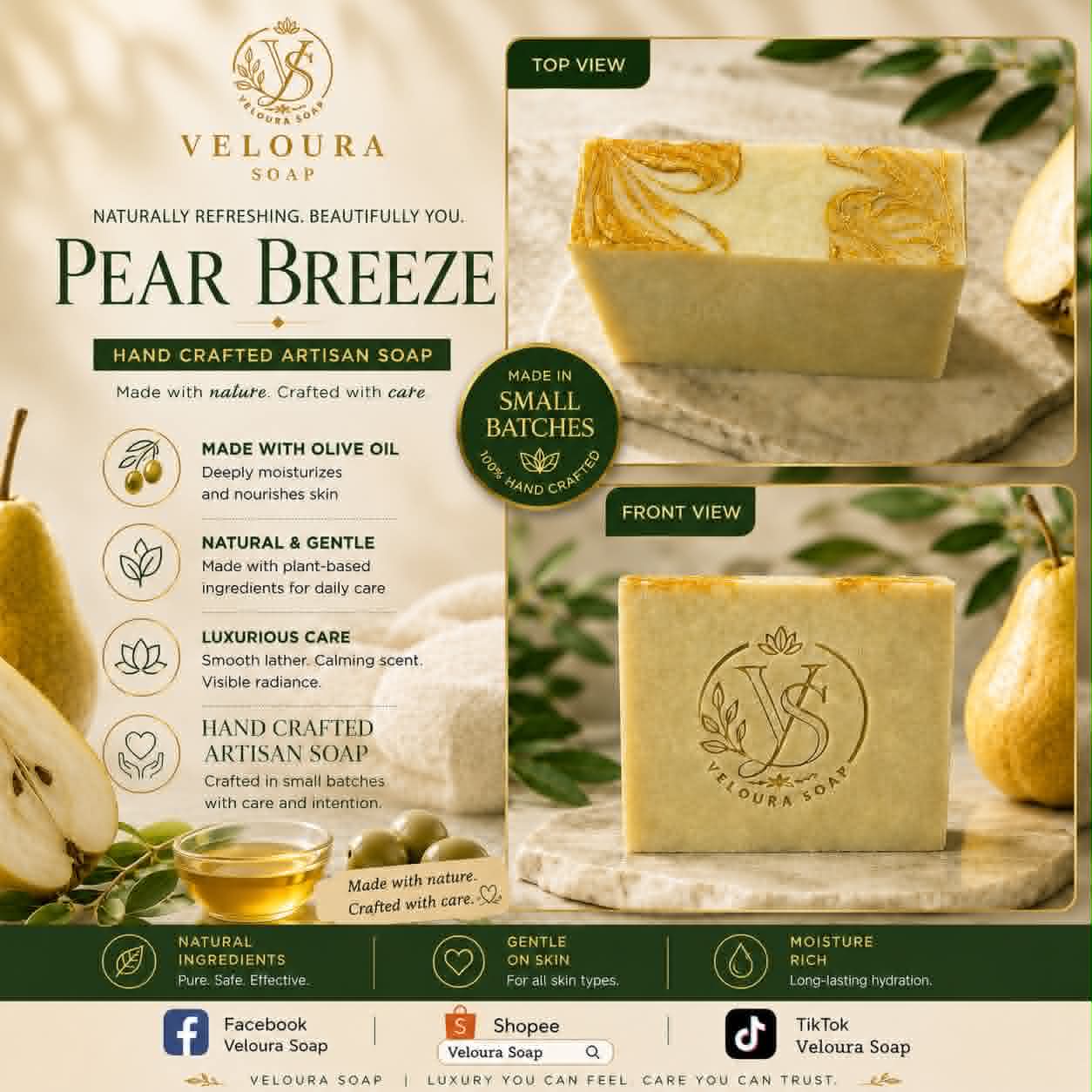 Veloura Pear Breeze handcrafted artisan soap — olive oil, naturally refreshing