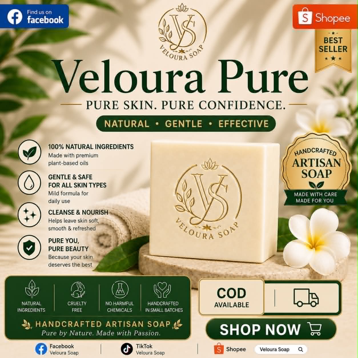 Veloura Pure handcrafted artisan soap — 100% natural, gentle, best seller