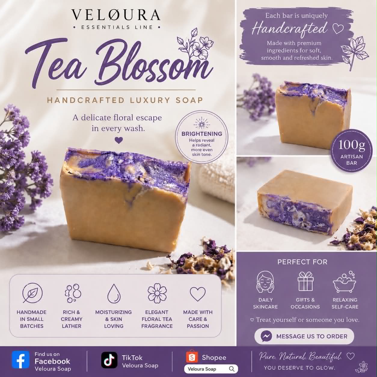 Veloura Tea Blossom handcrafted luxury soap — delicate floral tea fragrance