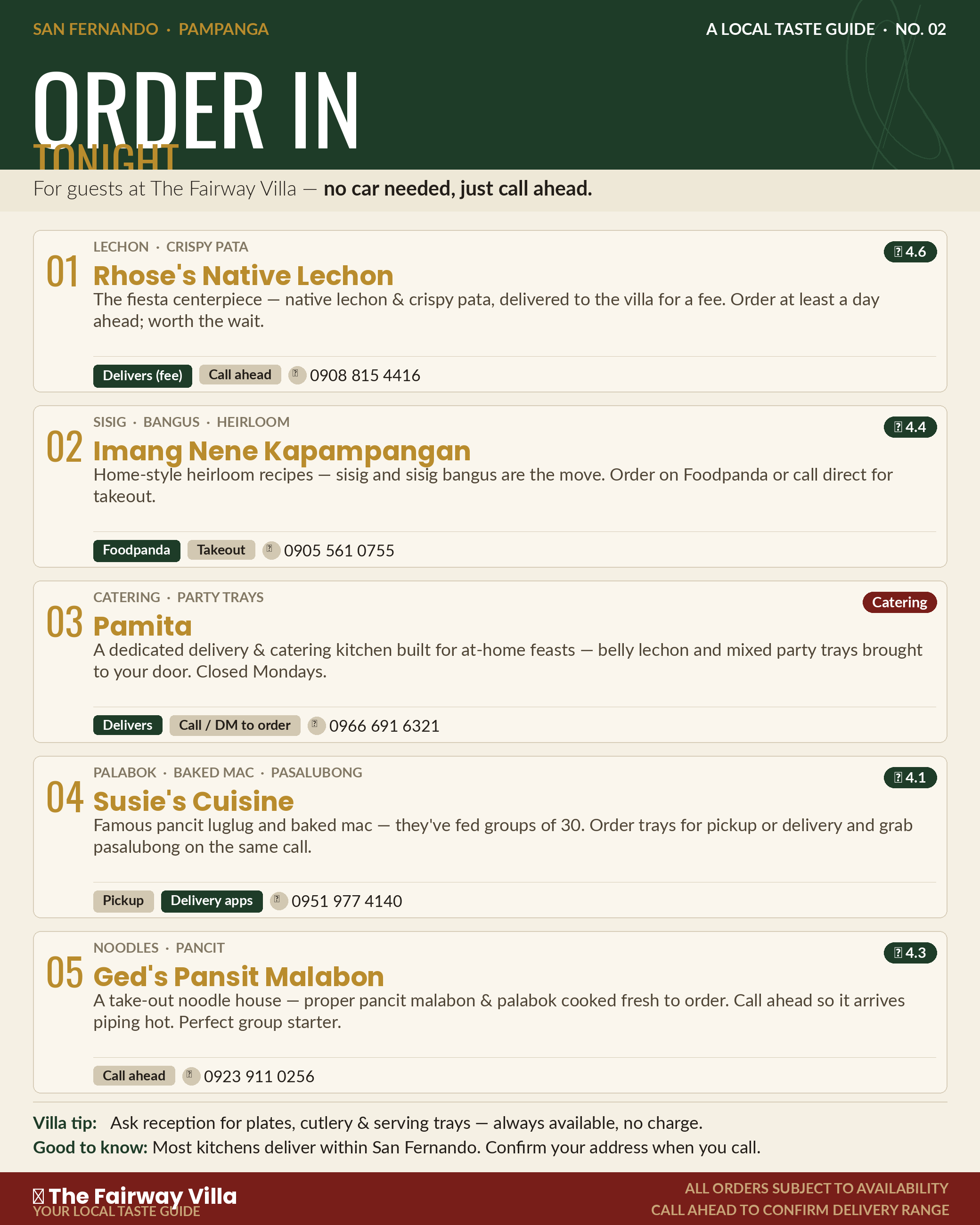 Order In Tonight — Fairway Villa Taste Guide